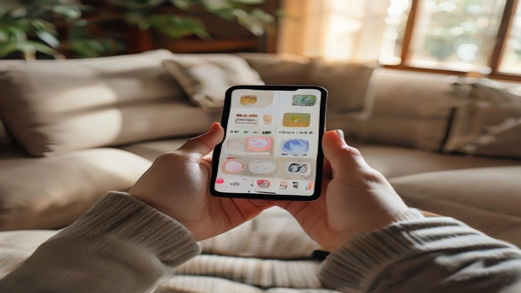[本文IMAGE_2] hands holding smartphone with app icons visible, cozy japanese living room background, natural daylight, wor