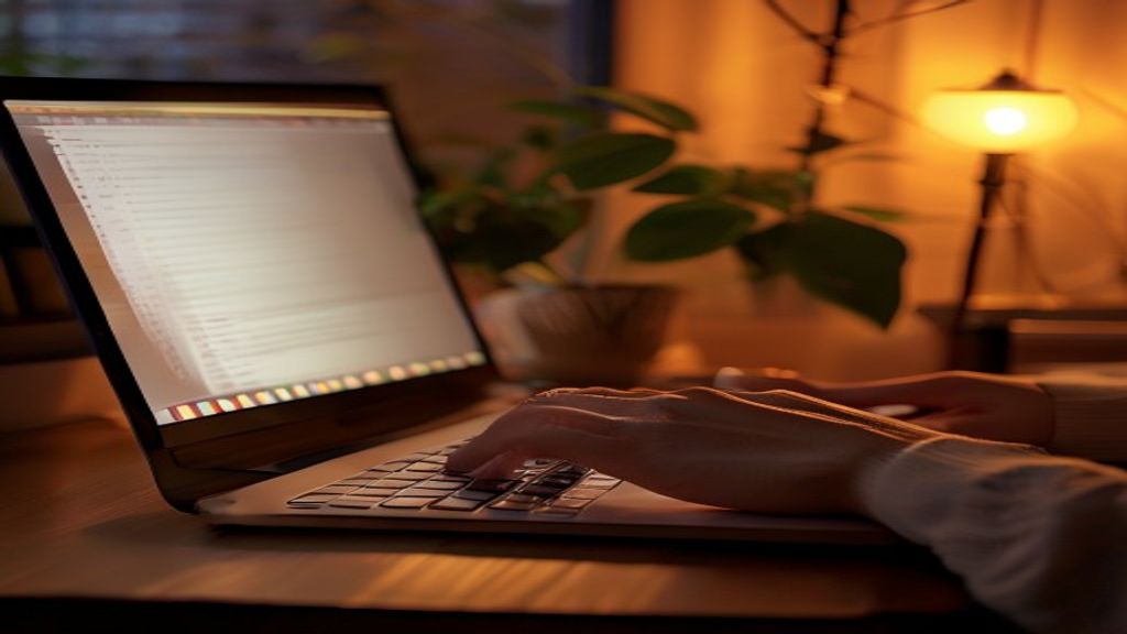 [本文IMAGE_2] hands typing on laptop keyboard, screen glowing softly, cozy japanese apartment background, desk plant and w