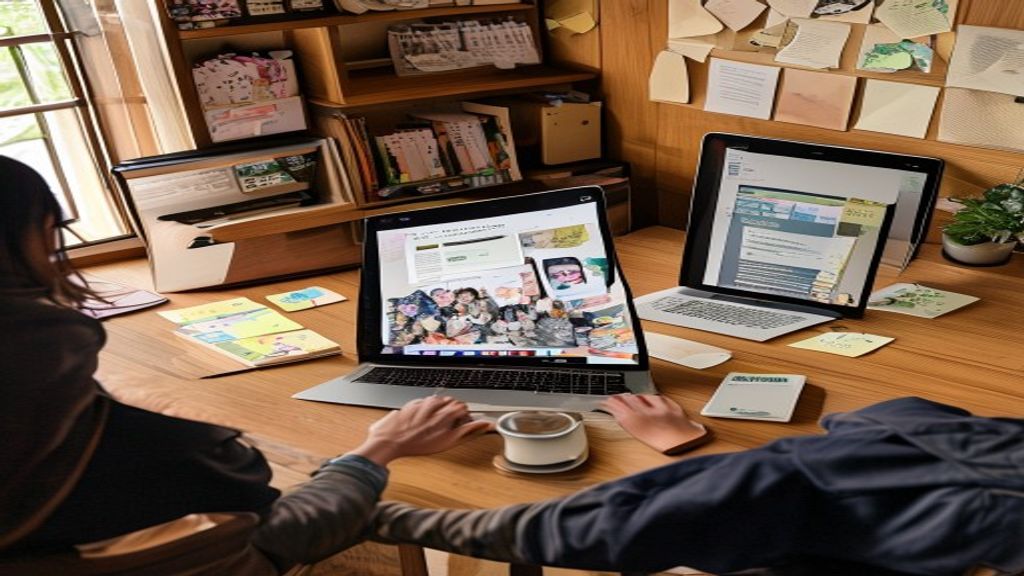 [本文IMAGE_3] smartphone and laptop on wooden desk showing crowdsourcing website interface, japanese style room, natural d
