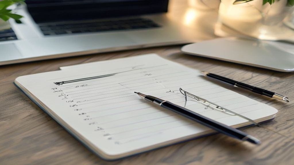 [本文IMAGE_4] notebook with handwritten checklist and checkmarks, pen beside it, laptop in soft focus background, japanese