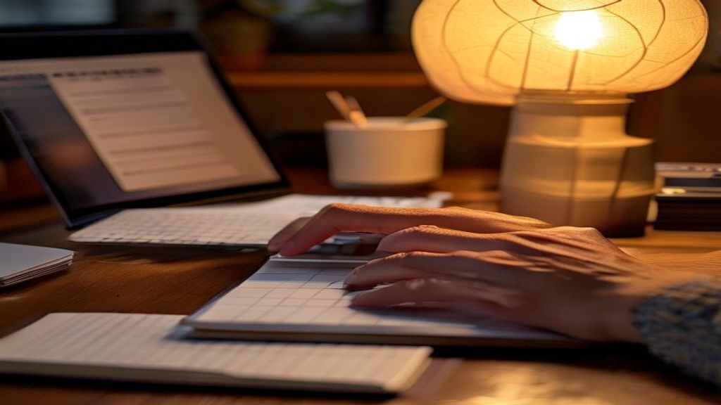 [本文IMAGE_2] A close-up of hands typing on a laptop keyboard at a japanese style home desk, notebook with handwritten not