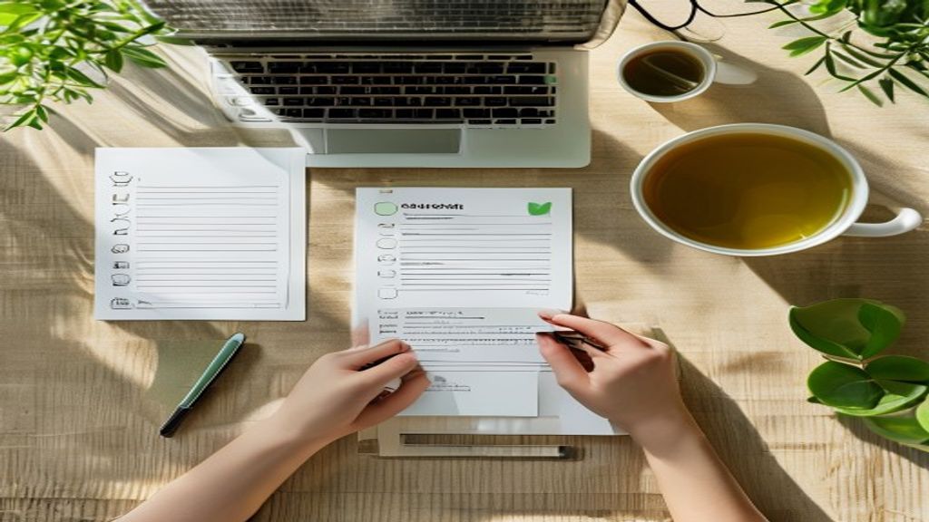[本文IMAGE_3] A flat lay view of a japanese home worker's desk with laptop, smartphone showing notifications, paper checkl