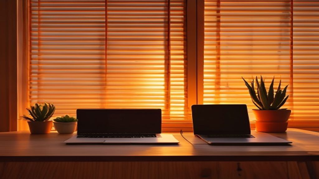 [本文IMAGE_4] A japanese minimalist workspace at sunset golden hour, laptop closed on a tidy wooden desk, small succulent 