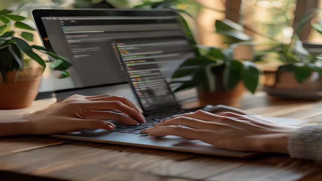 [本文IMAGE_2] close-up of hands typing on laptop keyboard, screen showing wordpress editor interface, wooden desk, indoor 