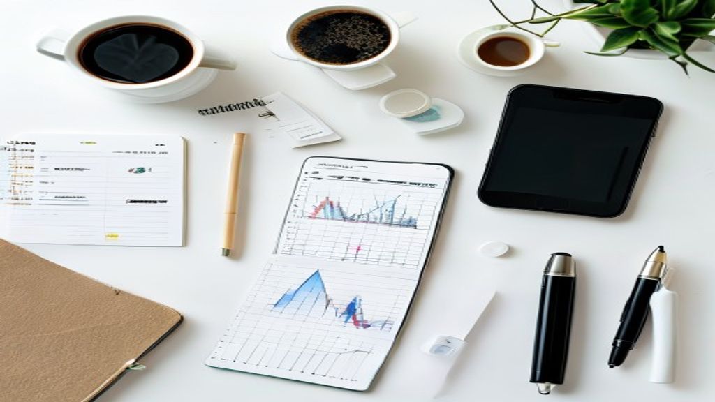 [本文IMAGE_3] flat lay of affiliate marketing tools on white desk, smartphone showing ASP dashboard, notebook with revenue