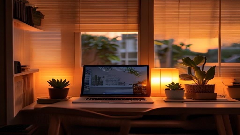 [本文IMAGE_4] cozy japanese home office corner at sunset, laptop closed on desk, small succulent plant, warm ambient light