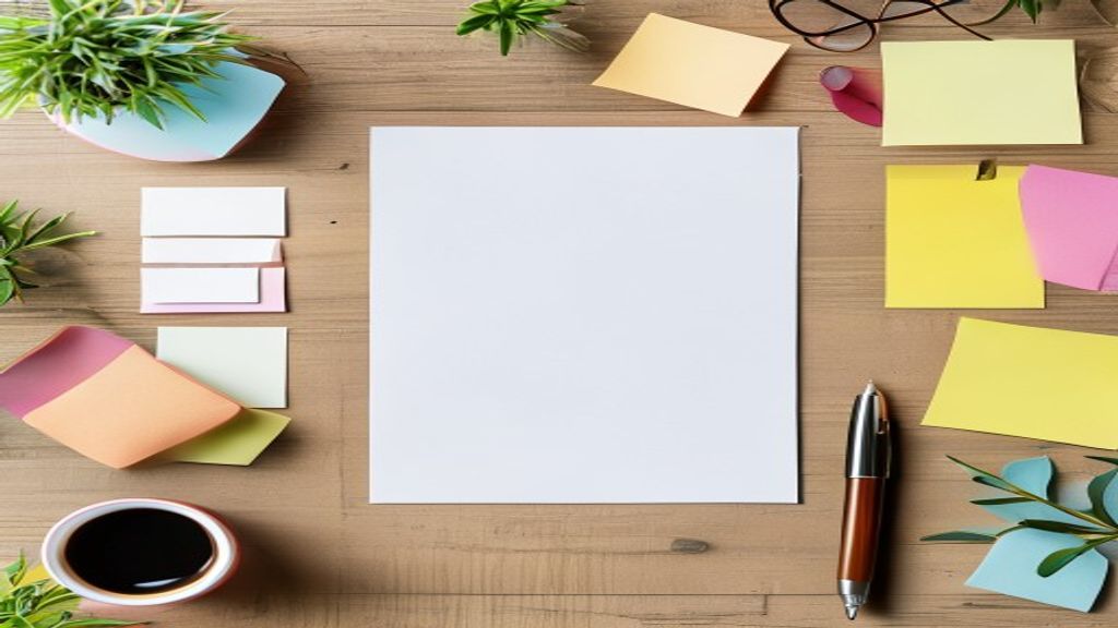 [本文IMAGE_2] overhead view of organized workspace with blank paper template, colorful sticky notes, pen and coffee cup, j