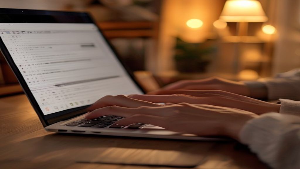 [本文IMAGE_3] close up of hands typing on laptop keyboard with note-taking app on screen, cozy home office background, war