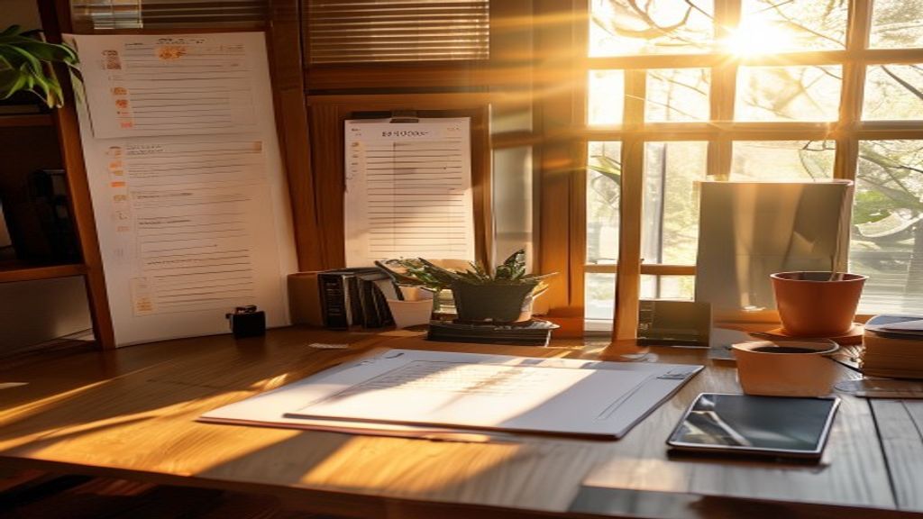 [本文IMAGE_4] motivational workspace scene with completed checklist on paper, laptop and smartphone, morning sunlight thro
