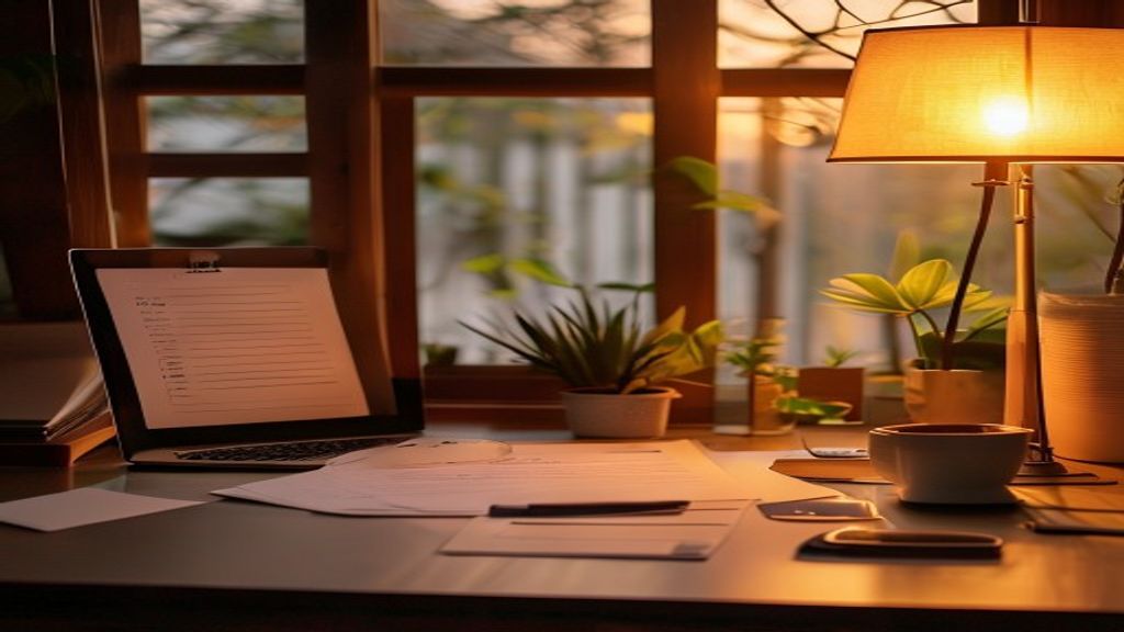 [本文IMAGE_4] a peaceful japanese style desk setup with completed checklist on paper, laptop closed, small plant, and warm