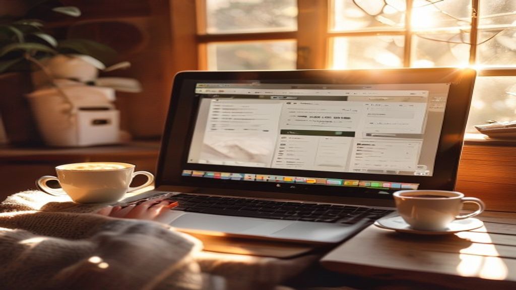 [本文IMAGE_2] laptop screen showing online shop dashboard interface, warm coffee cup beside keyboard, cozy japanese home w