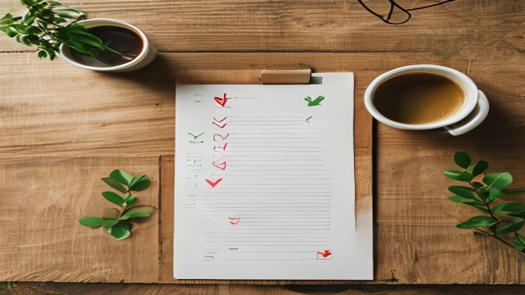 [本文IMAGE_2] checklist document on wooden desk with green checkmarks and red crosses, coffee cup, minimalist japanese wor