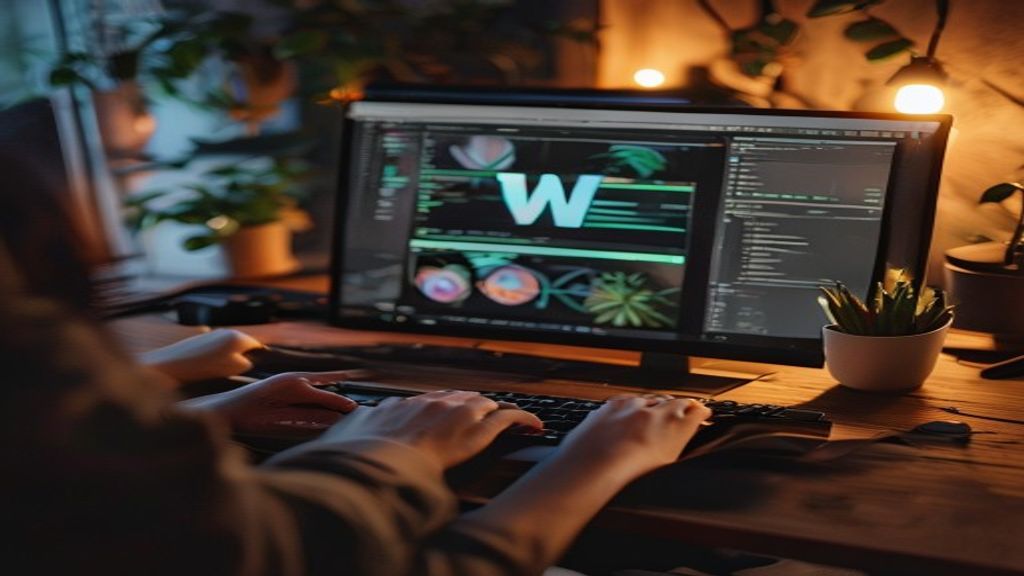 [本文IMAGE_3] person typing on keyboard with wordpress dashboard visible on monitor screen, hands only visible, modern jap