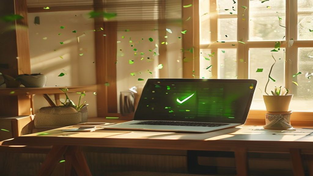 [本文IMAGE_4] neat desk with laptop showing success green checkmark, small celebration confetti, japanese minimalist room,