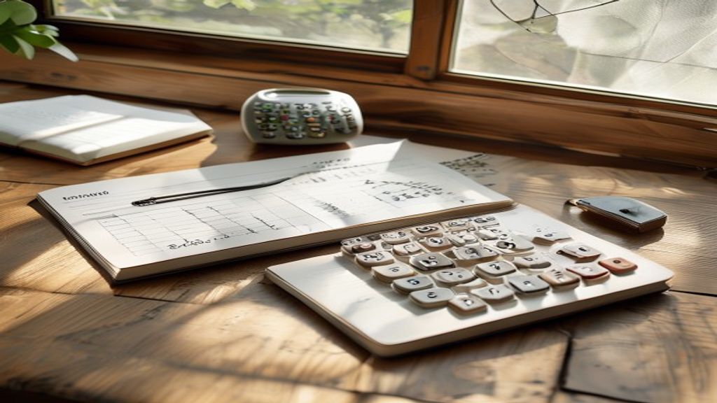 [本文IMAGE_2] calculator and notebook with handwritten numbers and charts on wooden desk, japanese minimalist style worksp