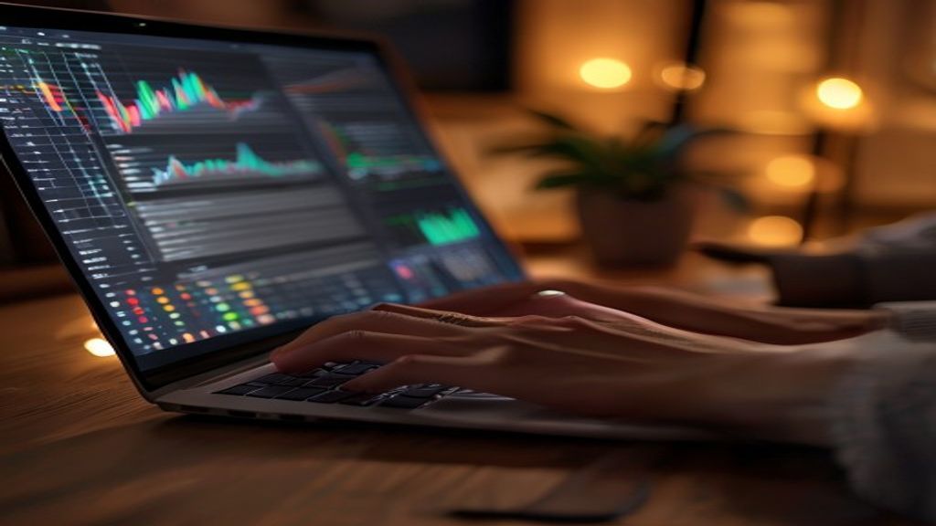 [本文IMAGE_3] close-up of hands typing on laptop keyboard with analytics data on screen, japanese home office environment,