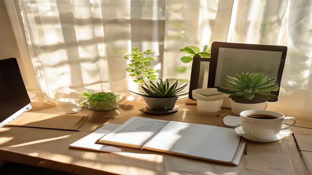 [本文IMAGE_4] organized desk with laptop closed, small succulent plant, notebook with pen, coffee cup, morning sunlight th