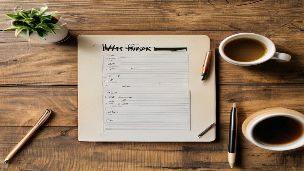 [本文IMAGE_2] overhead shot of notebook with handwritten list and checkboxes, wooden desk surface, pen and coffee mug besi