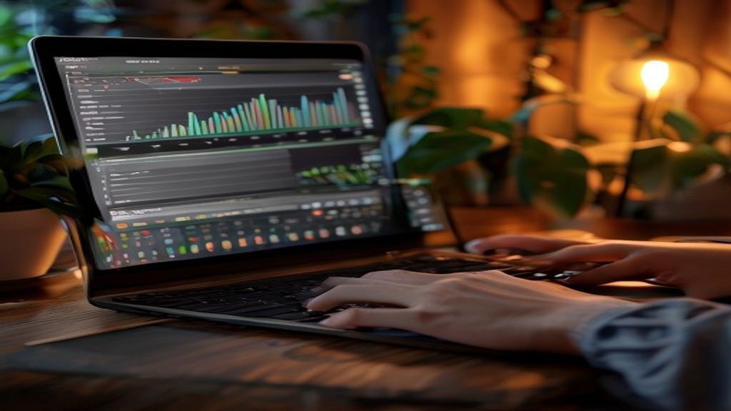 [本文IMAGE_3] hands typing on laptop keyboard with analytics dashboard on screen, cozy japanese home office background, pl
