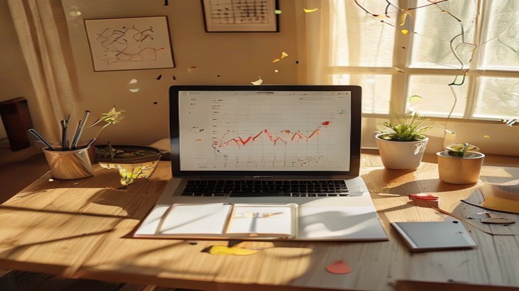 [本文IMAGE_4] desk with laptop, notebook showing growth chart sketch, small celebration elements like confetti or success 