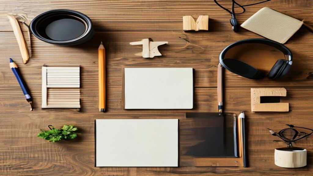 [本文IMAGE_2] flat lay composition of various skill symbols on wooden desk, including notebook, design pencils, headphones