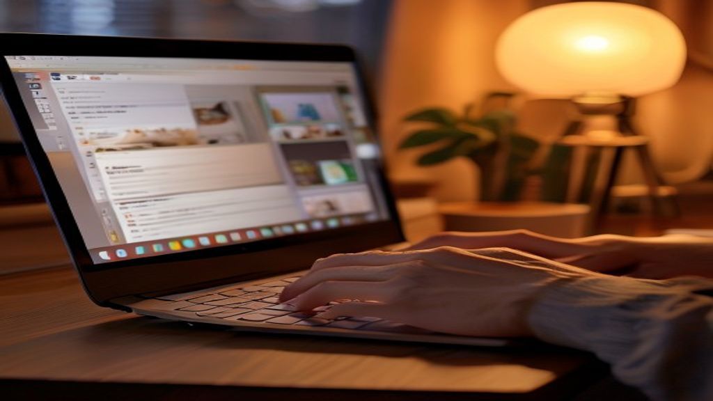 [本文IMAGE_3] hands typing on laptop keyboard with skill marketplace website visible on screen, cozy japanese apartment ba
