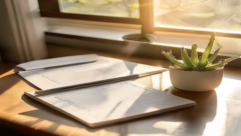 [本文IMAGE_4] clean minimalist desk with completed checklist notebook, pen, small succulent plant, morning sunlight throug
