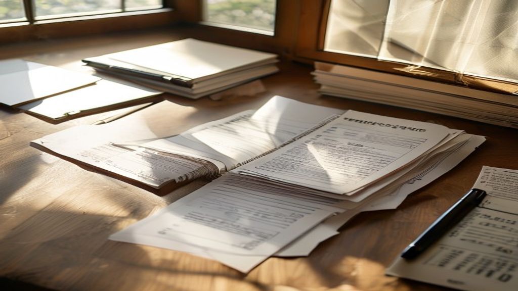 [本文IMAGE_2] stack of japanese tax documents and receipts on wooden desk, pen and notebook nearby, soft daylight from win