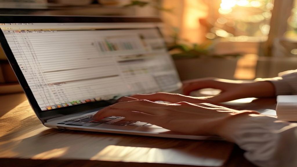 [本文IMAGE_3] hands typing on laptop keyboard with spreadsheet on screen, japanese home office background, warm afternoon 