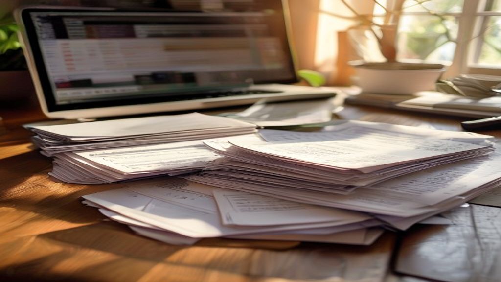 [本文IMAGE_2] stack of receipts and invoices on wooden desk, accounting software on laptop screen, japanese style organize
