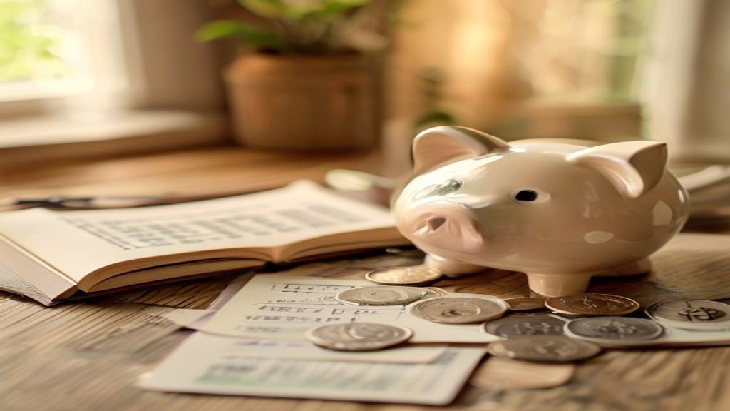 [本文IMAGE_3] piggy bank next to financial planning documents, coins and yen bills, notebook with savings goals written, s