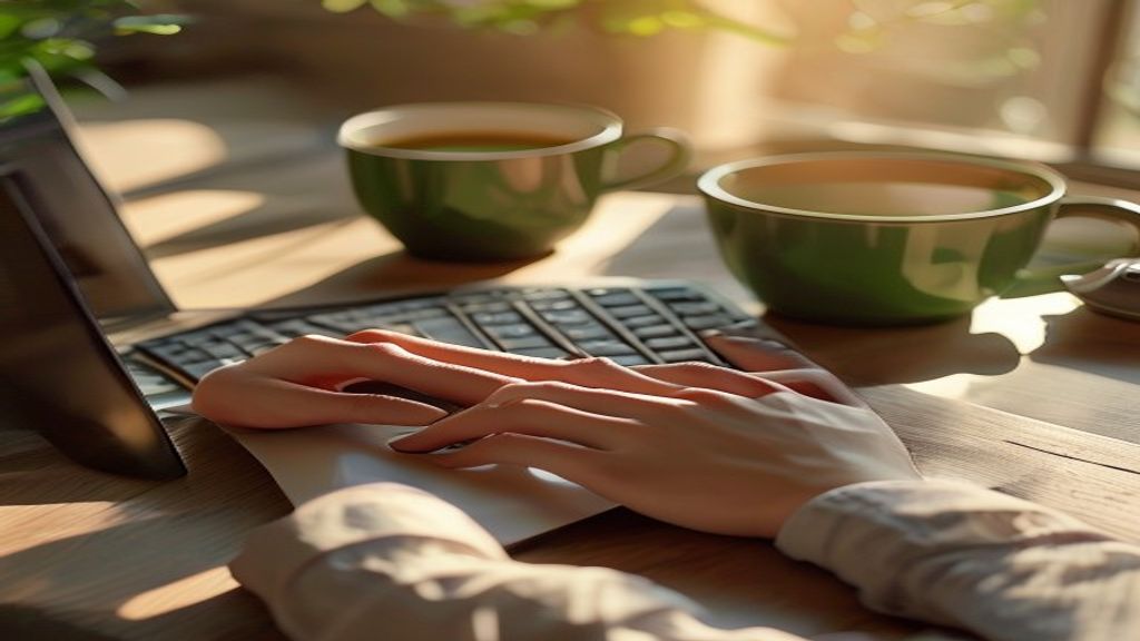 [本文IMAGE_4] person's hands typing on laptop keyboard with accounting software, cup of green tea beside, japanese minimal