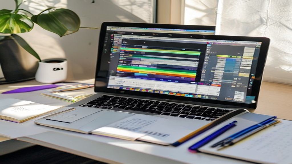 [本文IMAGE_2] laptop screen displaying adobe premiere pro interface with colorful timeline, notebook with handwritten note