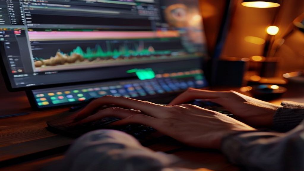 [本文IMAGE_3] hands typing on keyboard with video editing software on screen, close-up of timeline and color grading panel