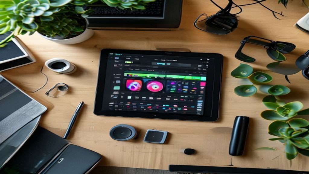 [本文IMAGE_3] overhead view of video editing workspace with tablet showing capcut interface, stylus pen, wireless earbuds,