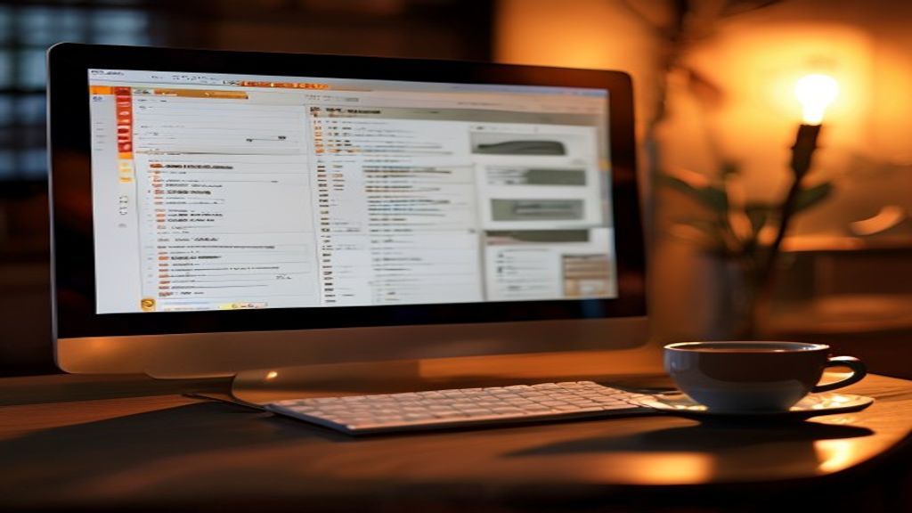 [本文IMAGE_2] spreadsheet on computer monitor showing keyword list and categories, japanese style desk with coffee cup, wa