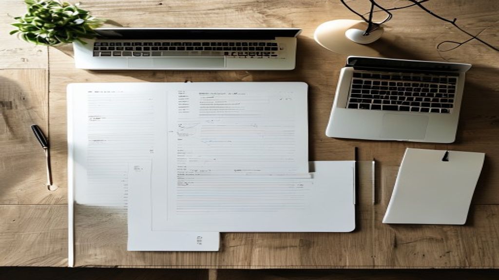 [本文IMAGE_3] notebook with handwritten content outline and structure diagram, macbook beside it, japanese minimalist work