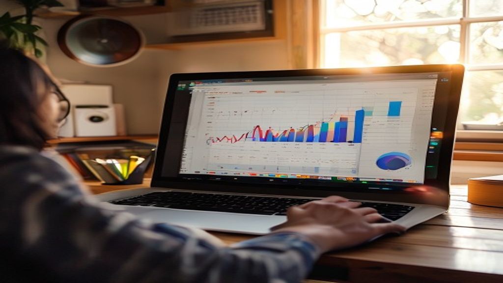 [本文IMAGE_4] google search console dashboard on laptop screen showing analytics graph trending upward, japanese home offi