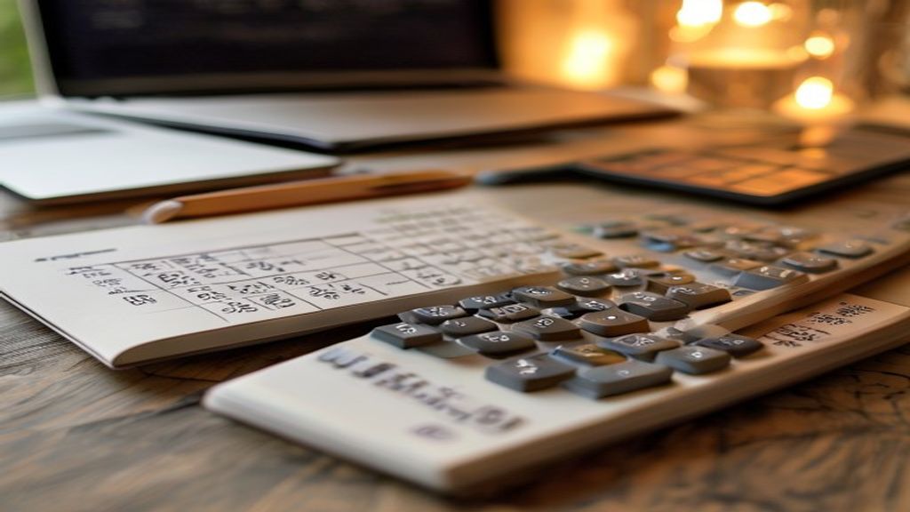 [本文IMAGE_2] Close-up of a calculator and notebook with revenue calculations written in Japanese, pencil beside it, soft 