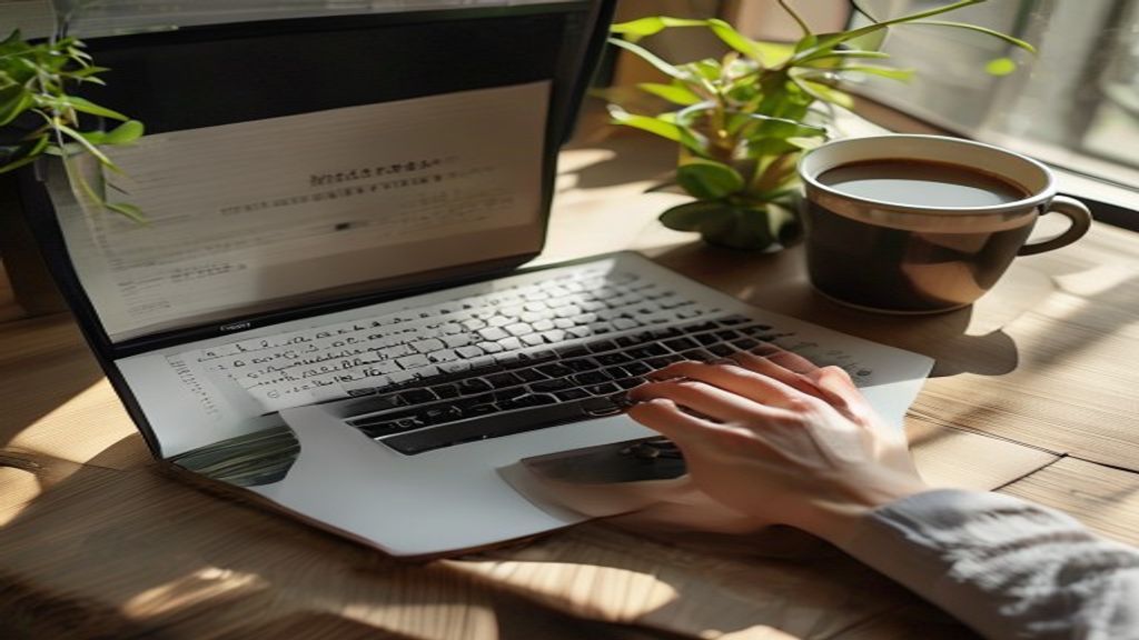 [本文IMAGE_3] Hands typing on a MacBook keyboard with a Word document open, coffee cup and small plant on desk, Japanese m