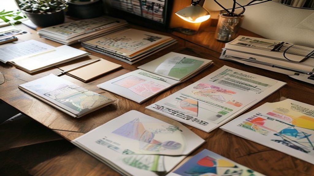 [本文IMAGE_4] A neat desk with multiple printed book covers laid out, design sketches and color swatches beside them, crea