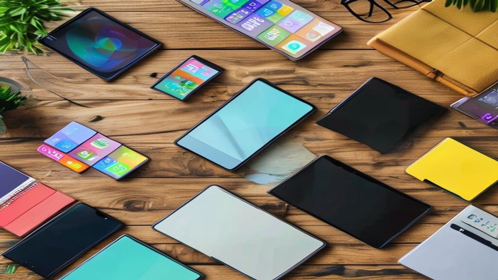 [本文IMAGE_2] flat lay of digital devices including tablet, smartphone and notebook on wooden desk, colorful app icons and