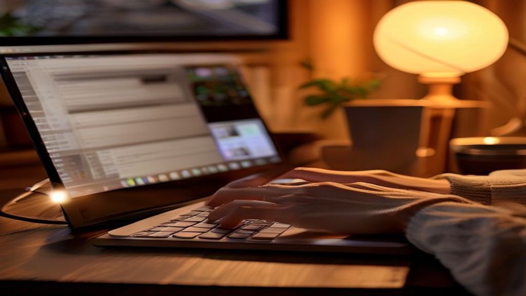 [本文IMAGE_3] hands typing on laptop keyboard creating digital content, cozy japanese apartment background, warm desk lamp