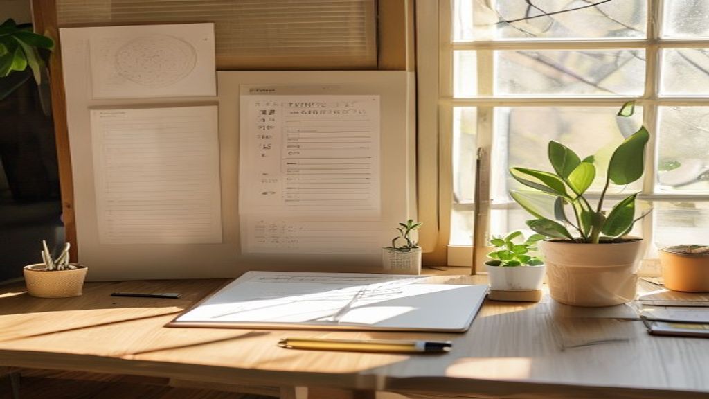 [本文IMAGE_4] organized workspace with checklist notebook, pen, laptop and small plant, japanese minimal interior style, m