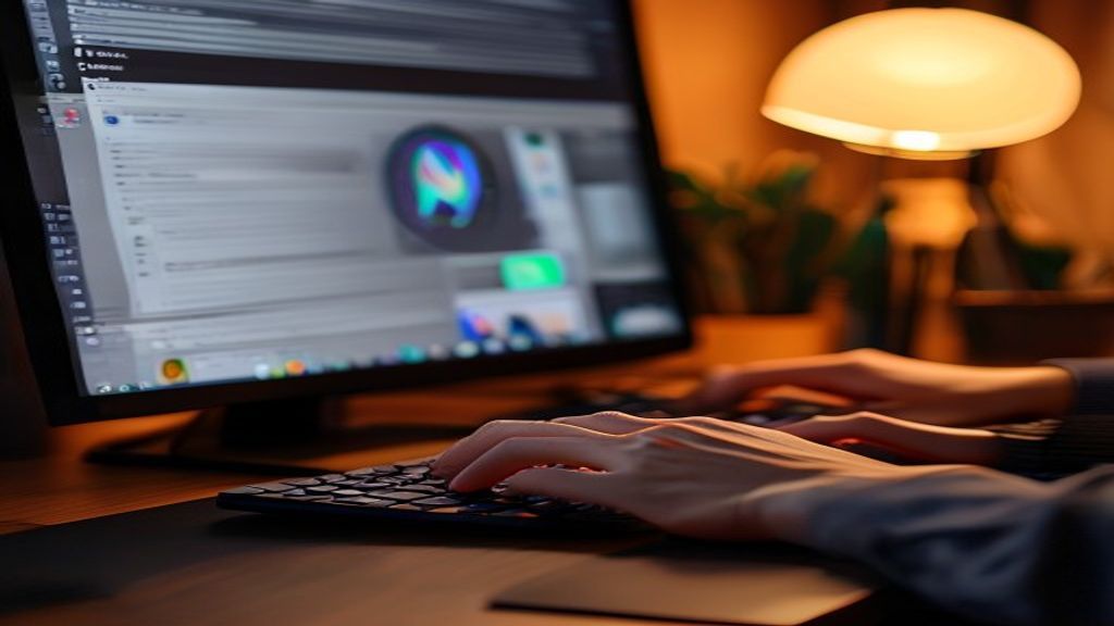 [本文IMAGE_2] close-up of hands typing on keyboard with wordpress theme selection screen visible on monitor, warm desk lam