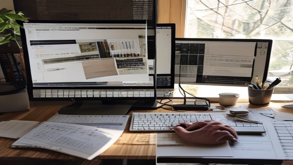 [本文IMAGE_3] split screen comparison of multiple website designs on large monitor, notebook with handwritten notes beside