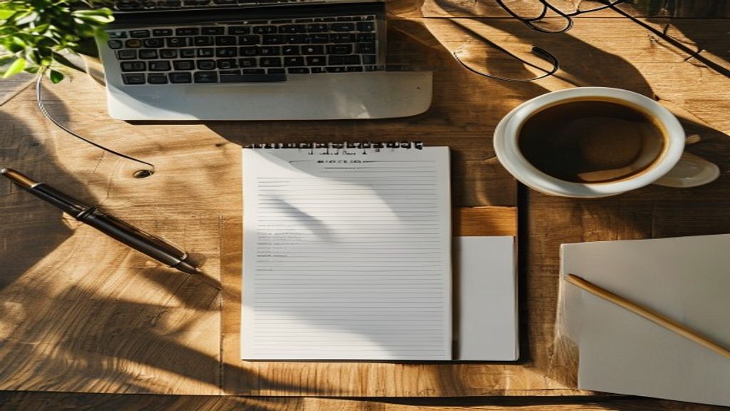 [本文IMAGE_4] checklist notebook with pen on wooden desk next to coffee cup and laptop showing completed website, morning 