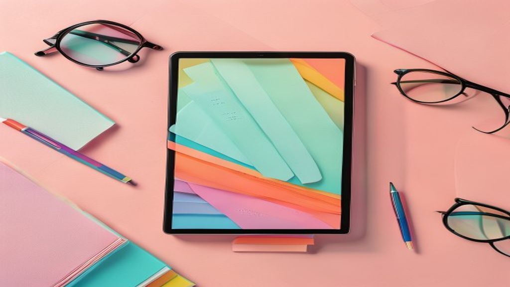 [本文IMAGE_3] stack of colorful ebook covers mockup on tablet screen, creative flat lay with pen and glasses, soft pastel 