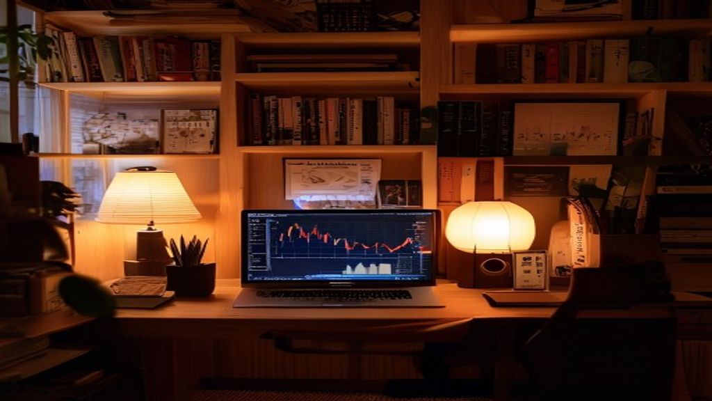 [本文IMAGE_4] cozy japanese home office corner with laptop showing earnings graph, warm desk lamp light, bookshelf in back