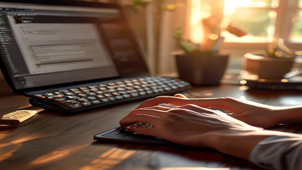 [本文IMAGE_2] close-up of hands typing on mechanical keyboard, laptop screen with text editor open, japanese style desk ac